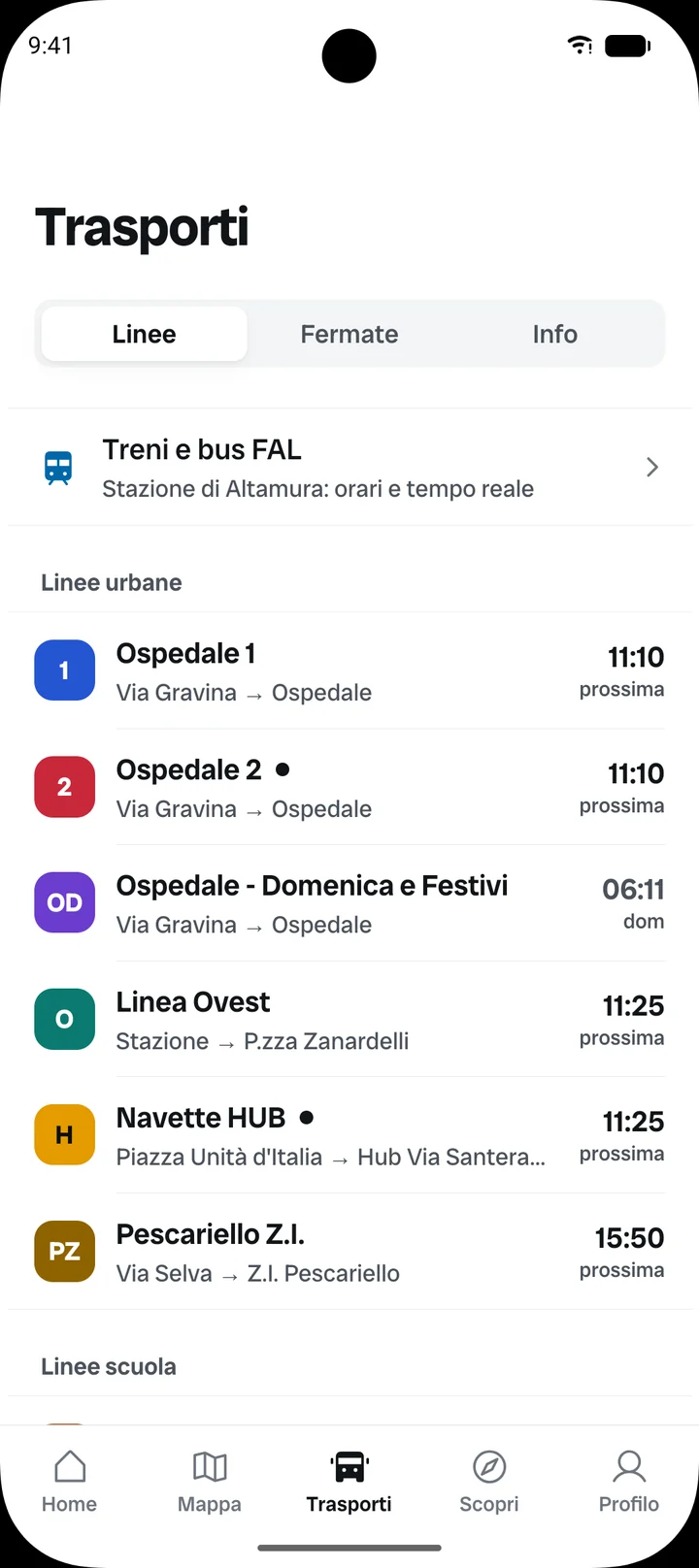 Elenco delle linee con la prossima partenza
